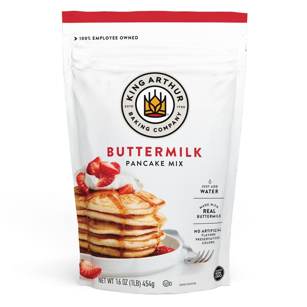 King Arthur Buttermilk Pancake Mix bag highlights non GMO quality for fluffy pancakes