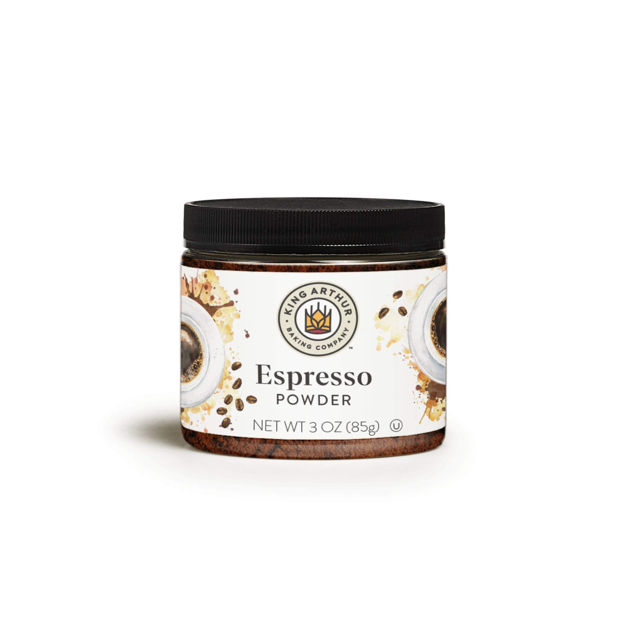 King Arthur espresso powder jar on shelf boosts chocolate flavor in desserts.
