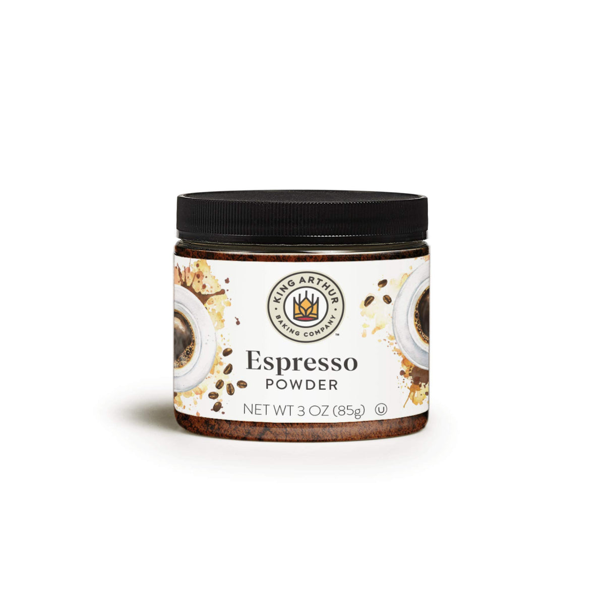 King Arthur espresso powder jar on shelf boosts chocolate flavor in desserts.