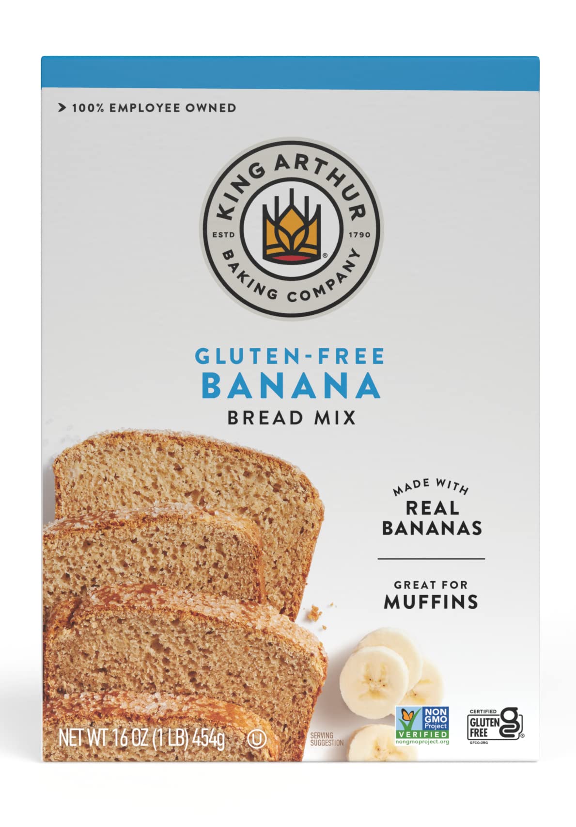 King Arthur gluten-free banana bread mix packaging highlights gluten-free and kosher certifications.