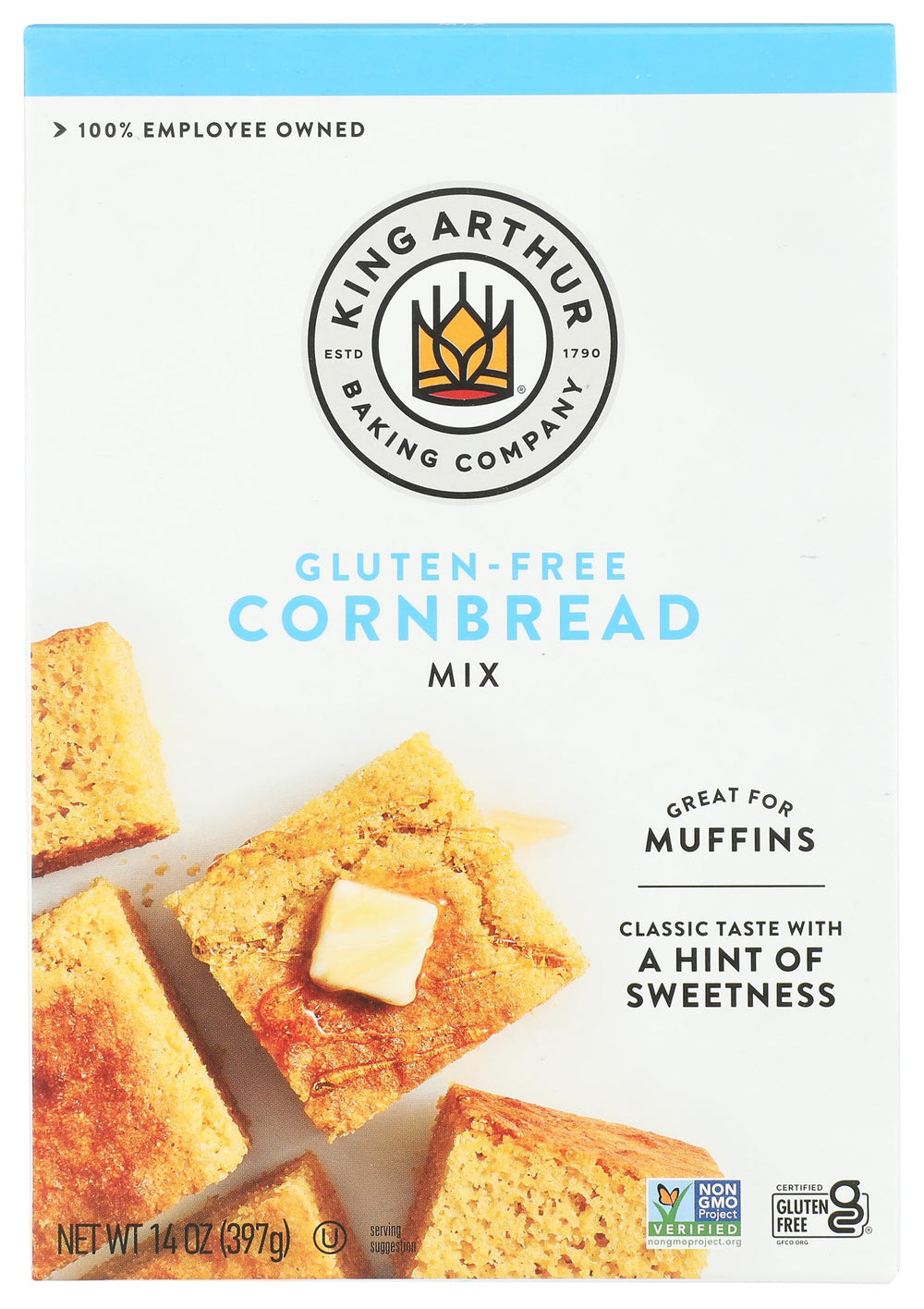 King Arthur Gluten-Free Cornbread Mix package showcase, ready to bake
