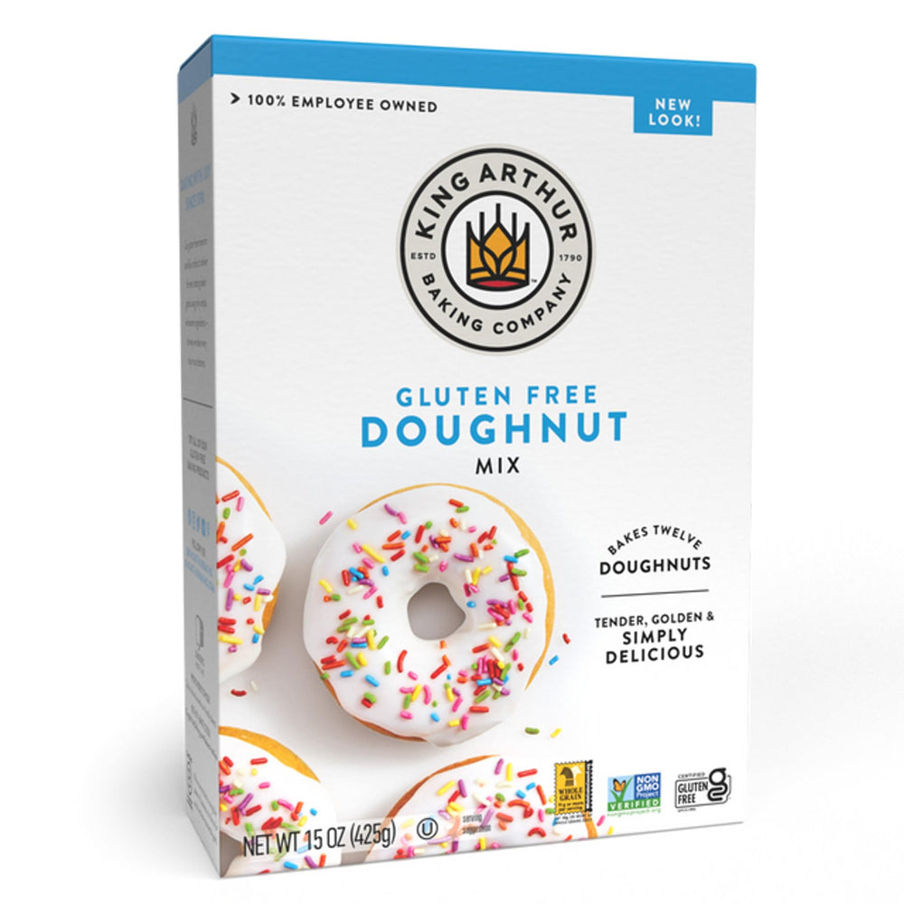 King Arthur gluten-free doughnut mix box shown on a kitchen counter for easy home baking.