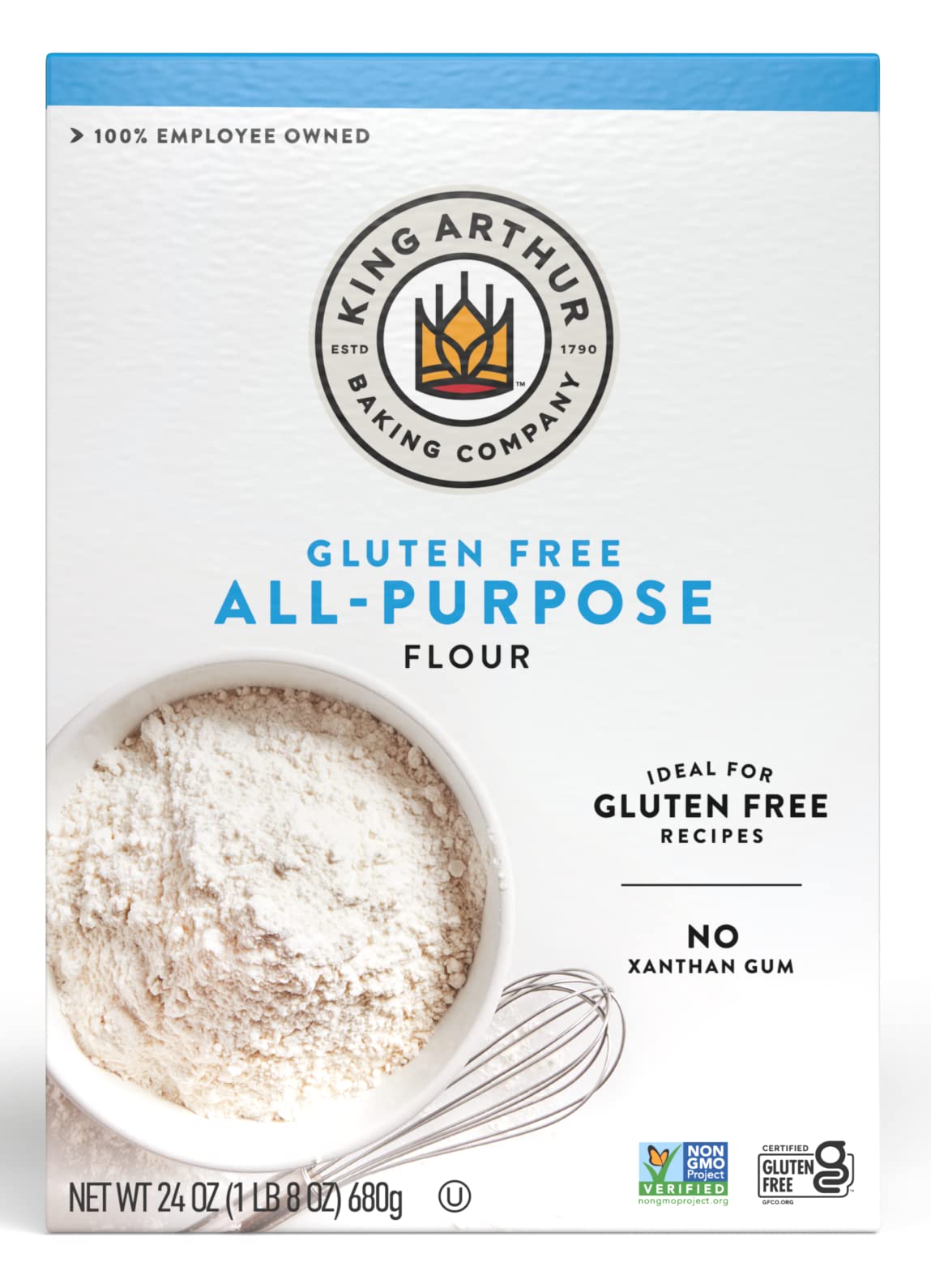 King Arthur Gluten Free Flour bag on a kitchen counter for gluten-free baking.
