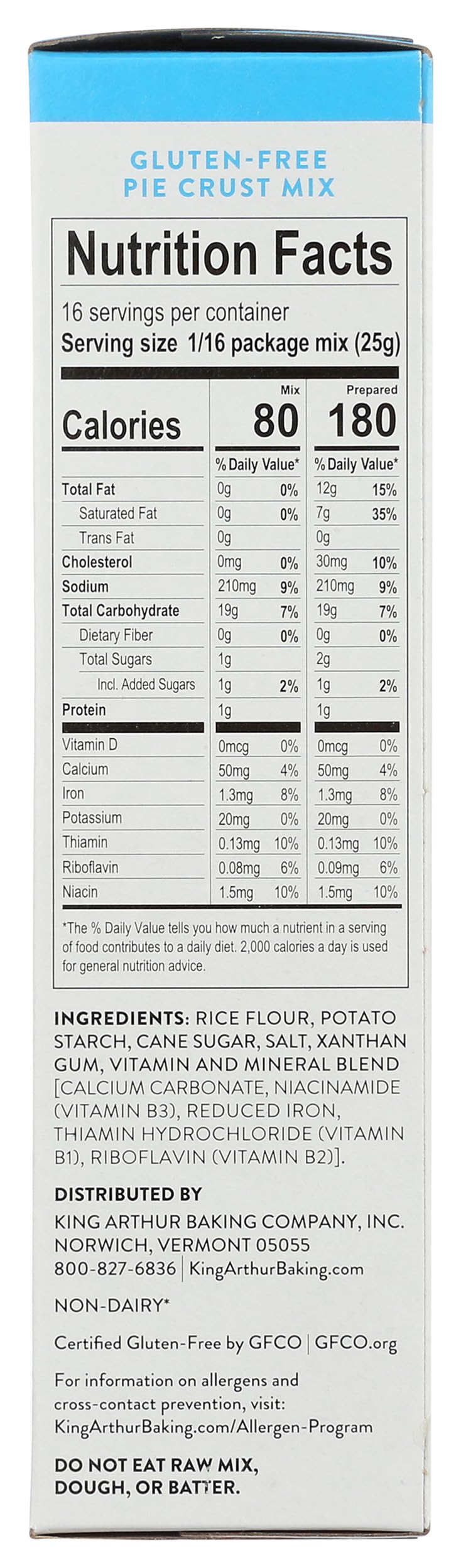 King Arthur fortified nutrition label on gluten-free crust mix.
