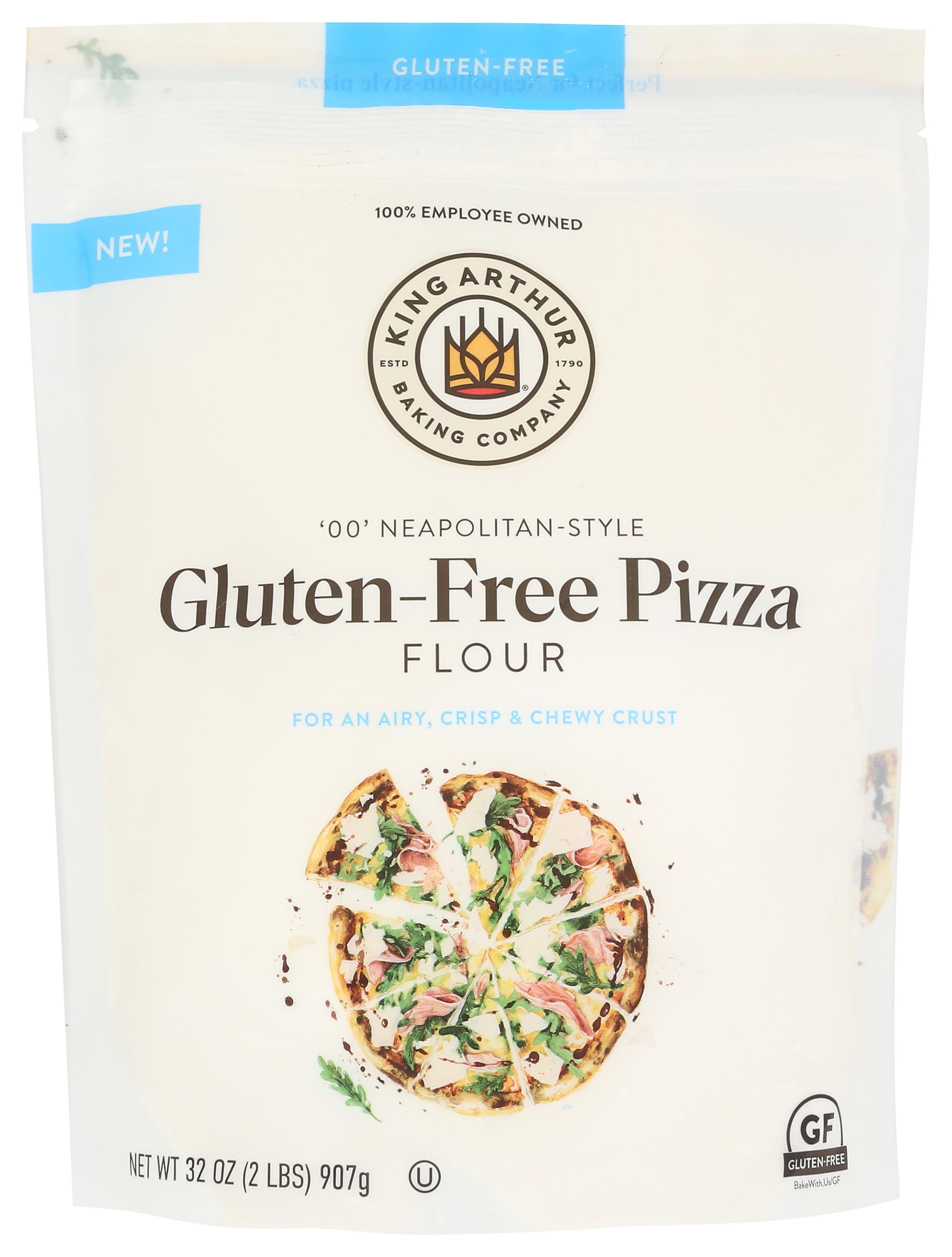 King Arthur gluten free pizza flour packaging image highlights a dedicated GF facility for safe baking