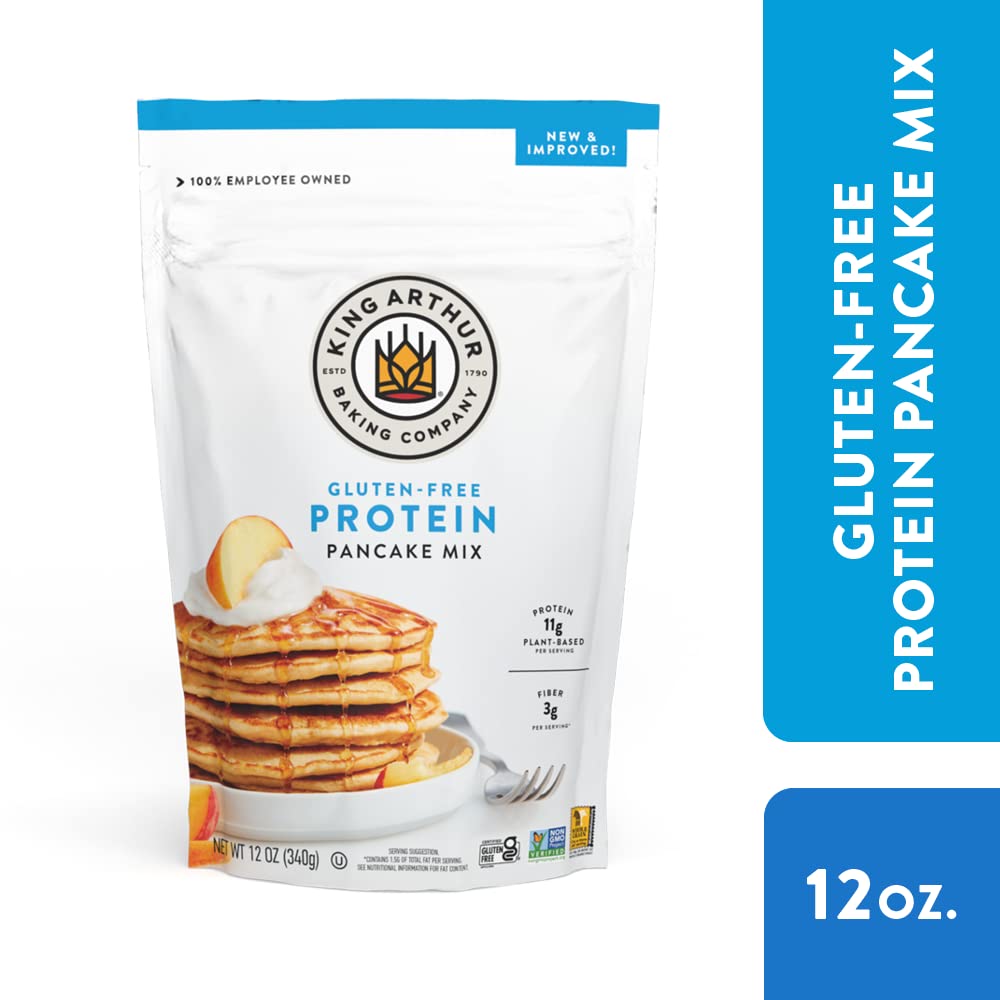 Close-up of simple ingredients in King Arthur gluten-free protein pancake mix packaging