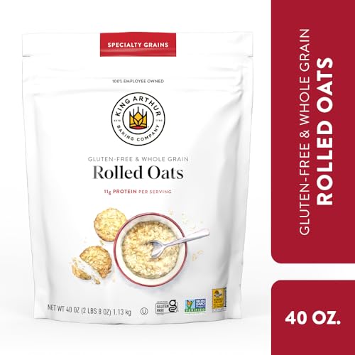 King Arthur gluten-free rolled oats logo badge signals quality and sustainable sourcing.