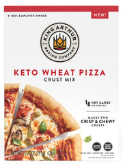 King Arthur Keto Pizza Crust Mix bag shows brand and ingredients for quick keto crust.