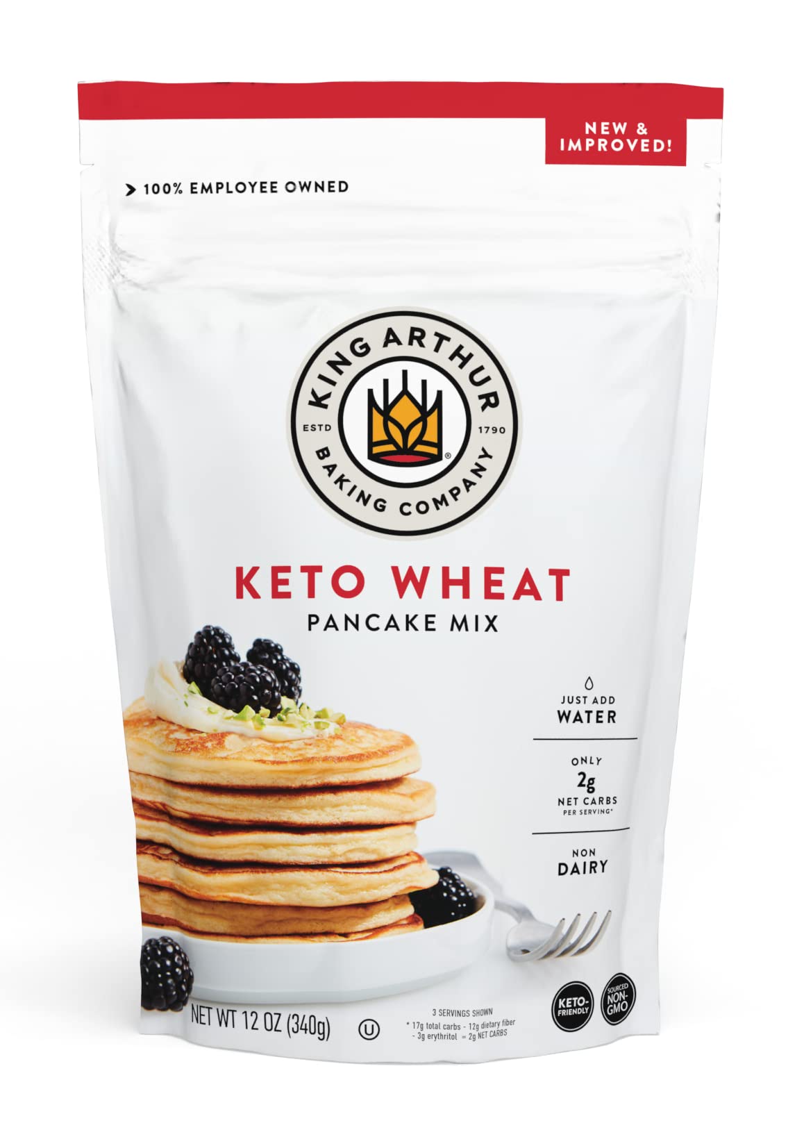 King Arthur Keto Wheat Pancake Mix bottle pour shows easy water-to-batter prep for fluffy breakfasts.