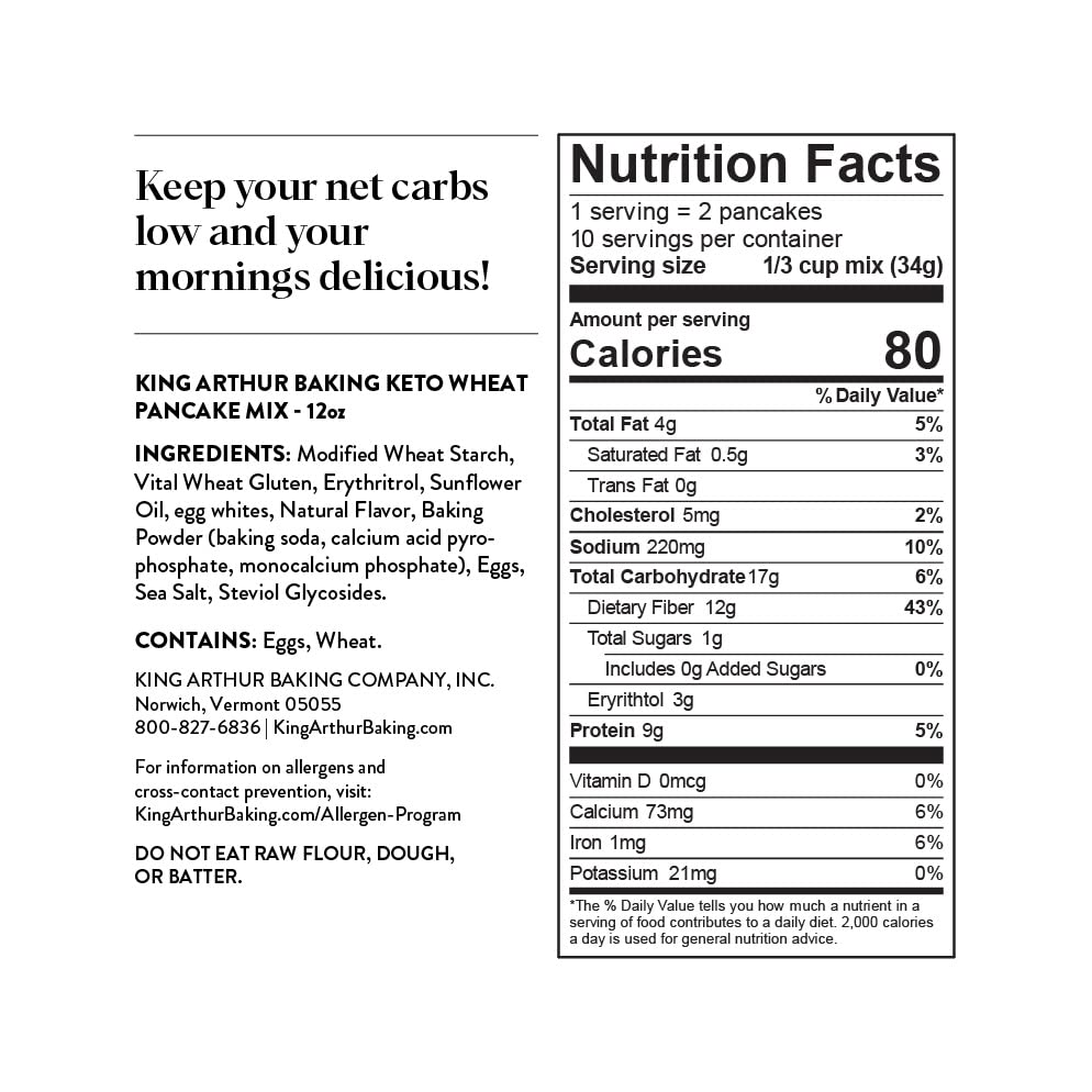 King Arthur Keto Wheat Pancake Mix ingredient scoop emphasizes non-GMO sourcing quality.
