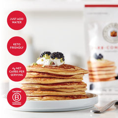 King Arthur Keto Wheat Pancake Mix packaging resealable keeps mix fresh for quick meals.
