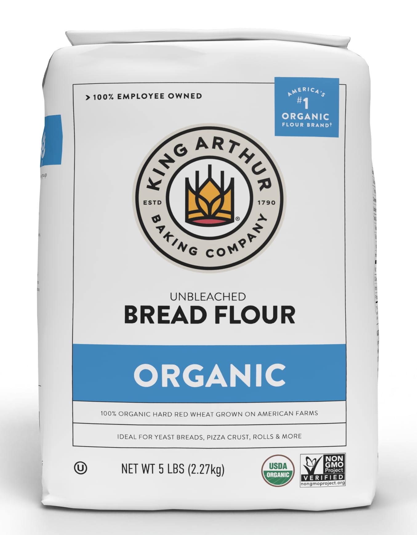 King Arthur Organic Unbleached Bread Flour 5lb bag for bakery-quality loaves at home.