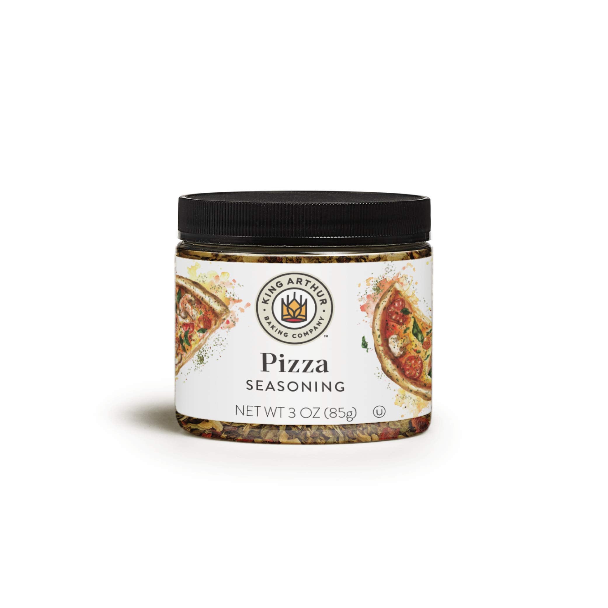 King Arthur Pizza Seasoning bottle with pour spout for flavorful slices.