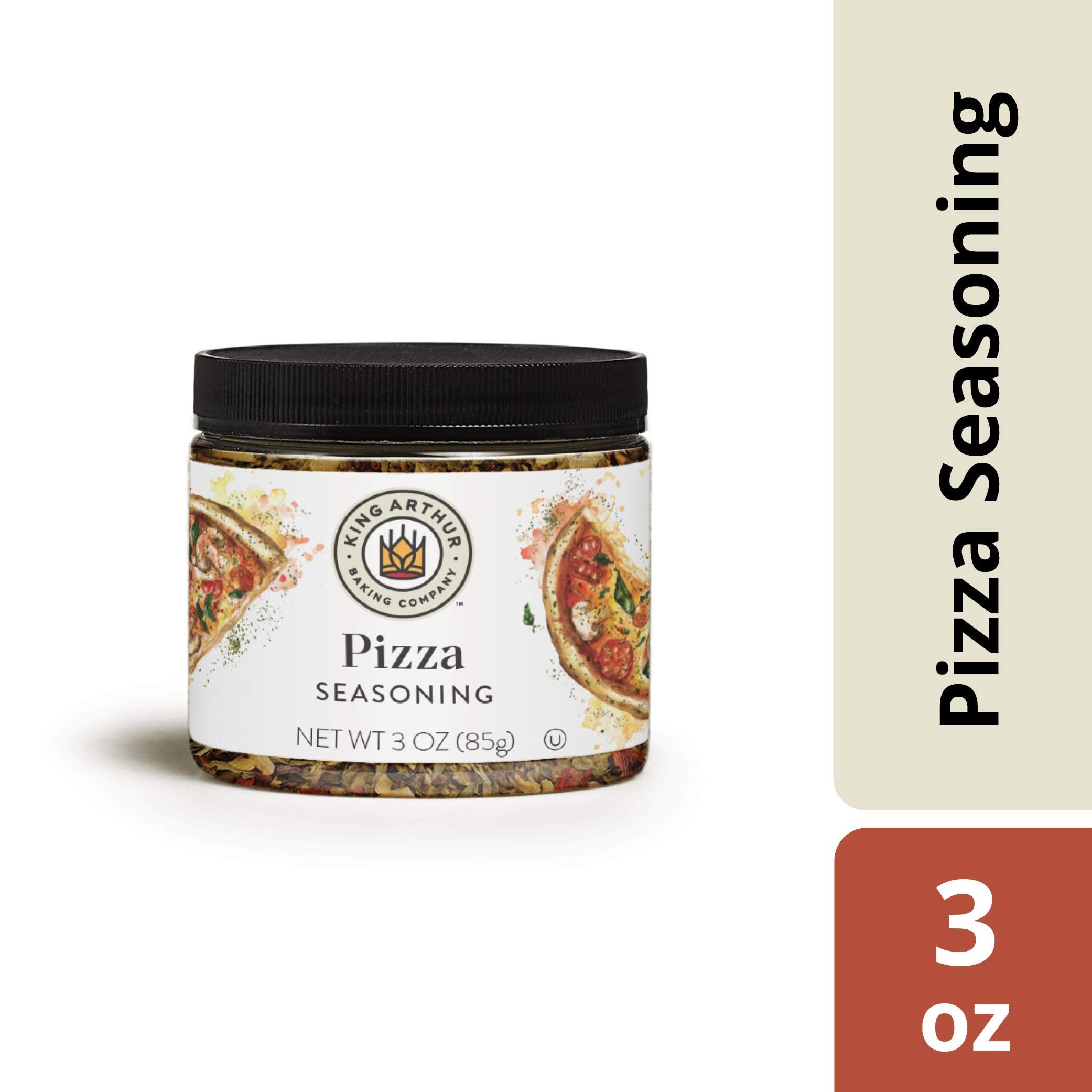 King Arthur Pizza Seasoning jar on kitchen counter adds color and aroma.
