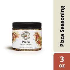 King Arthur Pizza Seasoning jar on kitchen counter adds color and aroma.