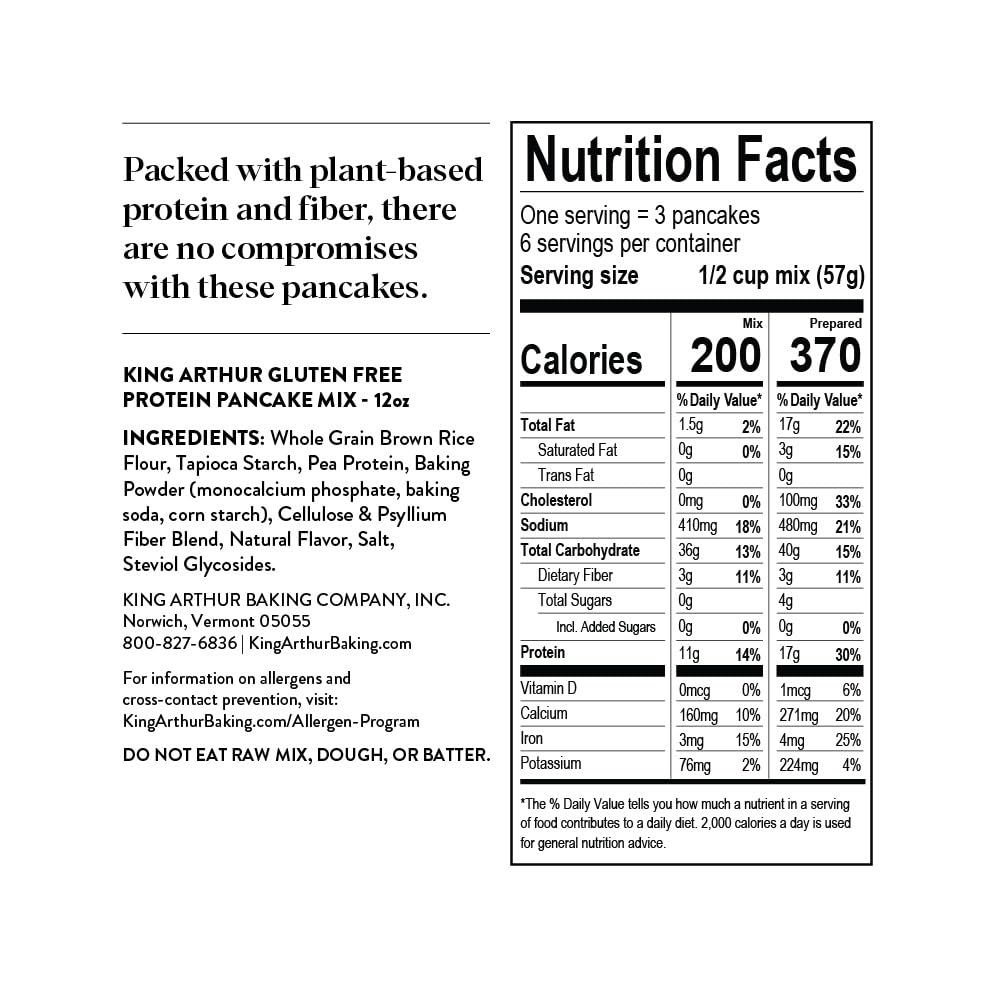King Arthur Protein Pancake Mix ingredients image communicates a gluten-free blend for choice.