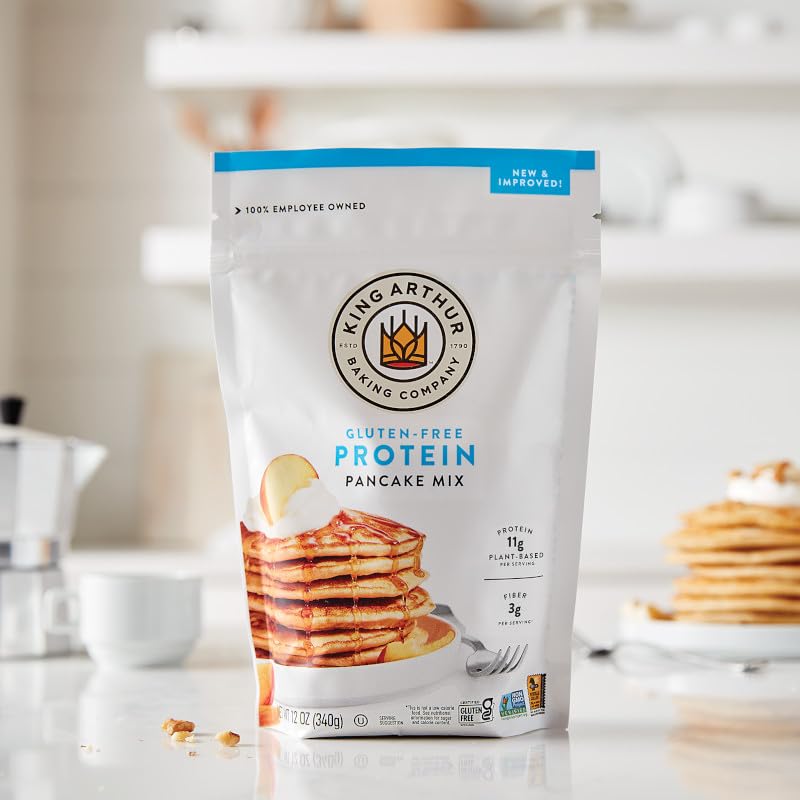King Arthur Protein Pancake Mix stack displays light, fluffy pancakes with appetizing color.