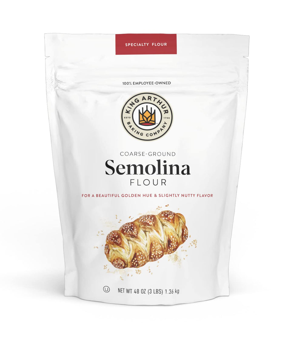 King Arthur 3lb semolina flour bag—coarse texture ideal for authentic pasta and crispy crusts.
