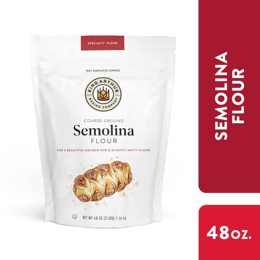 King Arthur 3-lb resealable bag keeps semolina flour fresh for baking.