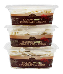 King David Easy Melt White Chocolate Coins close-up in jar, convenient for quick baking.