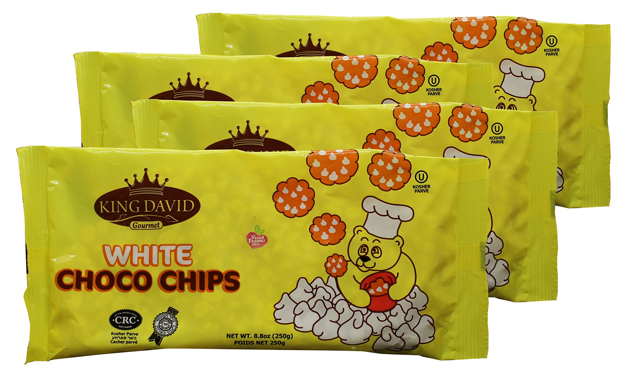 King David vegan lactose-free white chocolate chips in a four-pack, ideal for dairy-free baking.