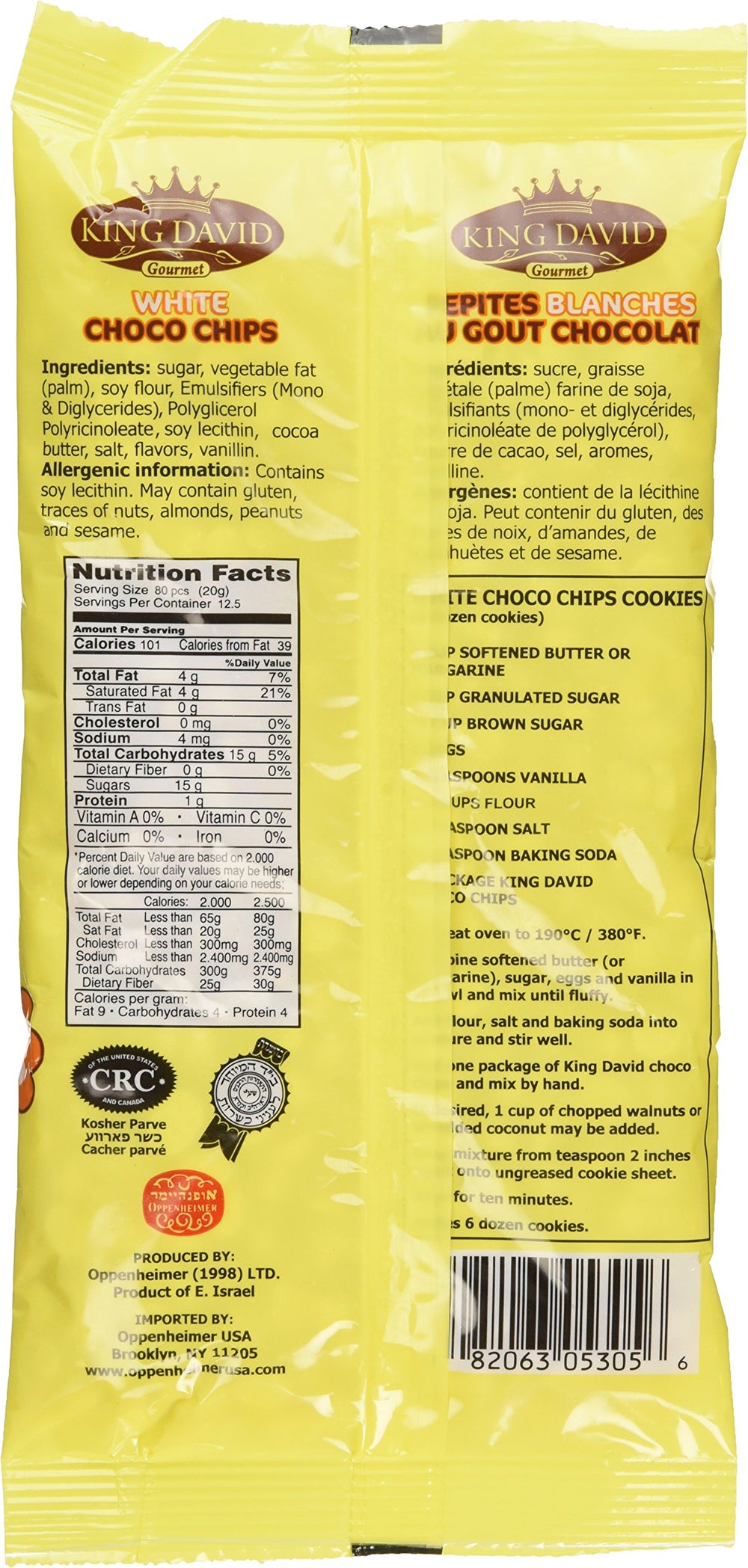 Close-up of King David vegan white chocolate chips showing creamy texture for baking.