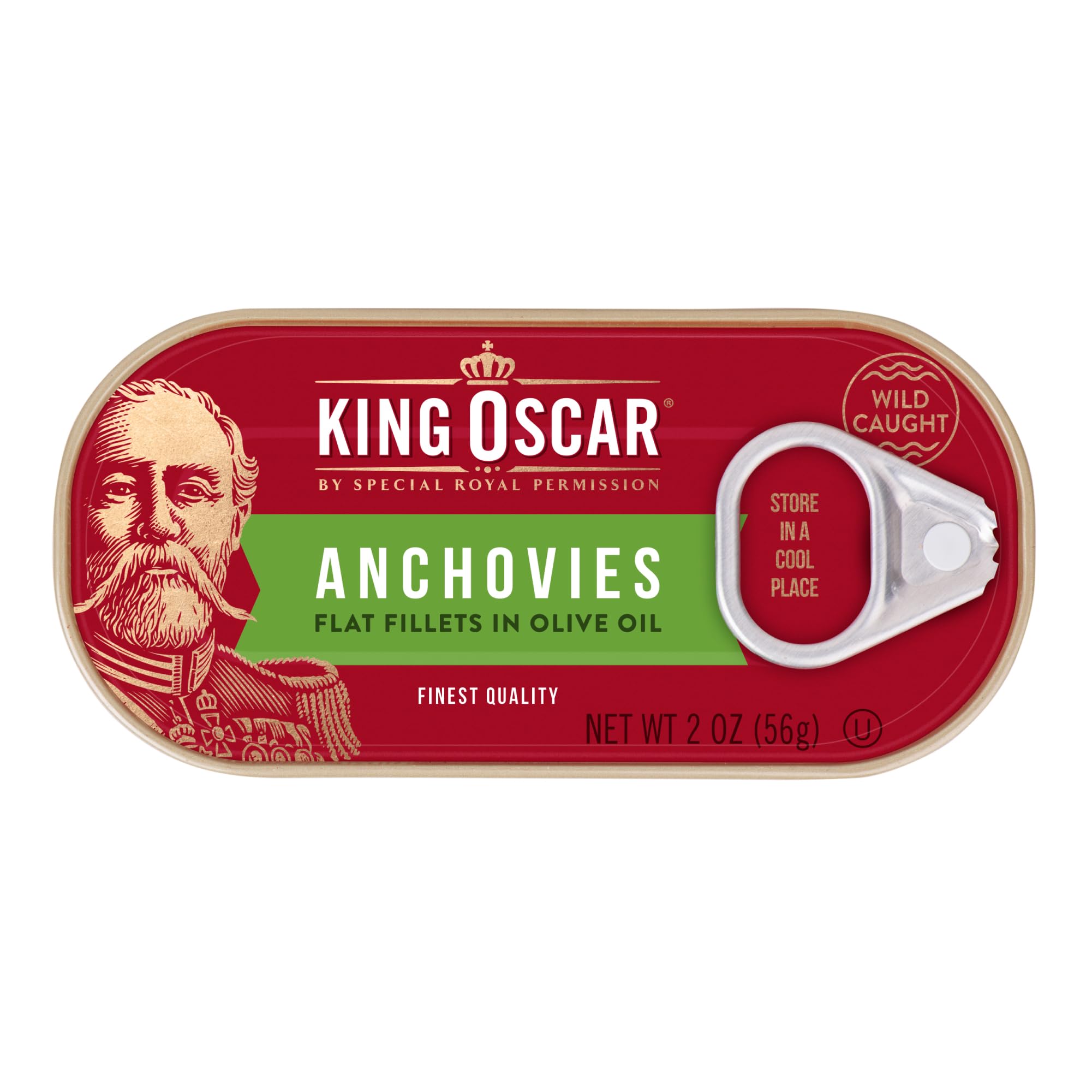 King Oscar anchovies in olive oil can, 2oz, premium flavor.