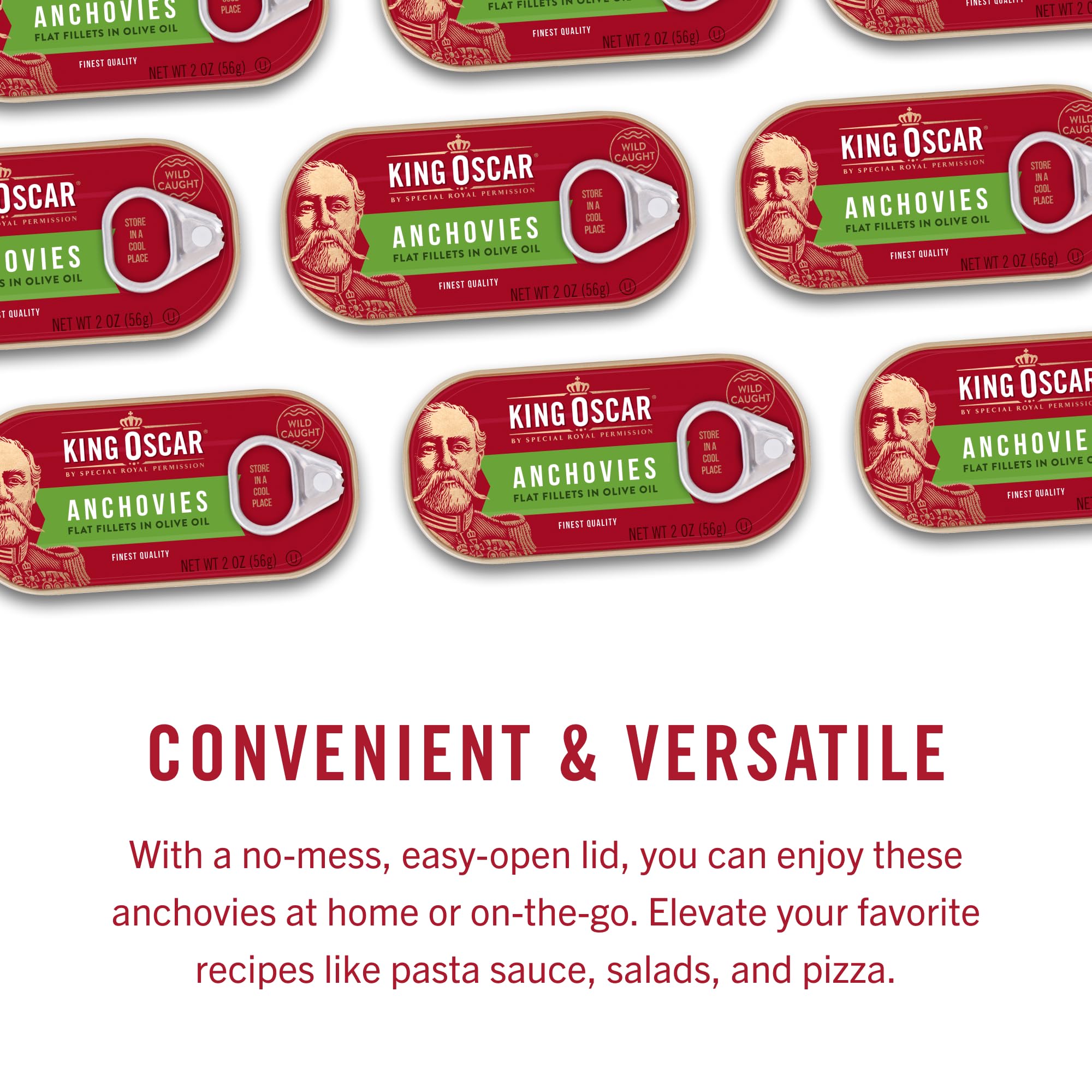 King Oscar anchovies easy-open lid for quick meals.