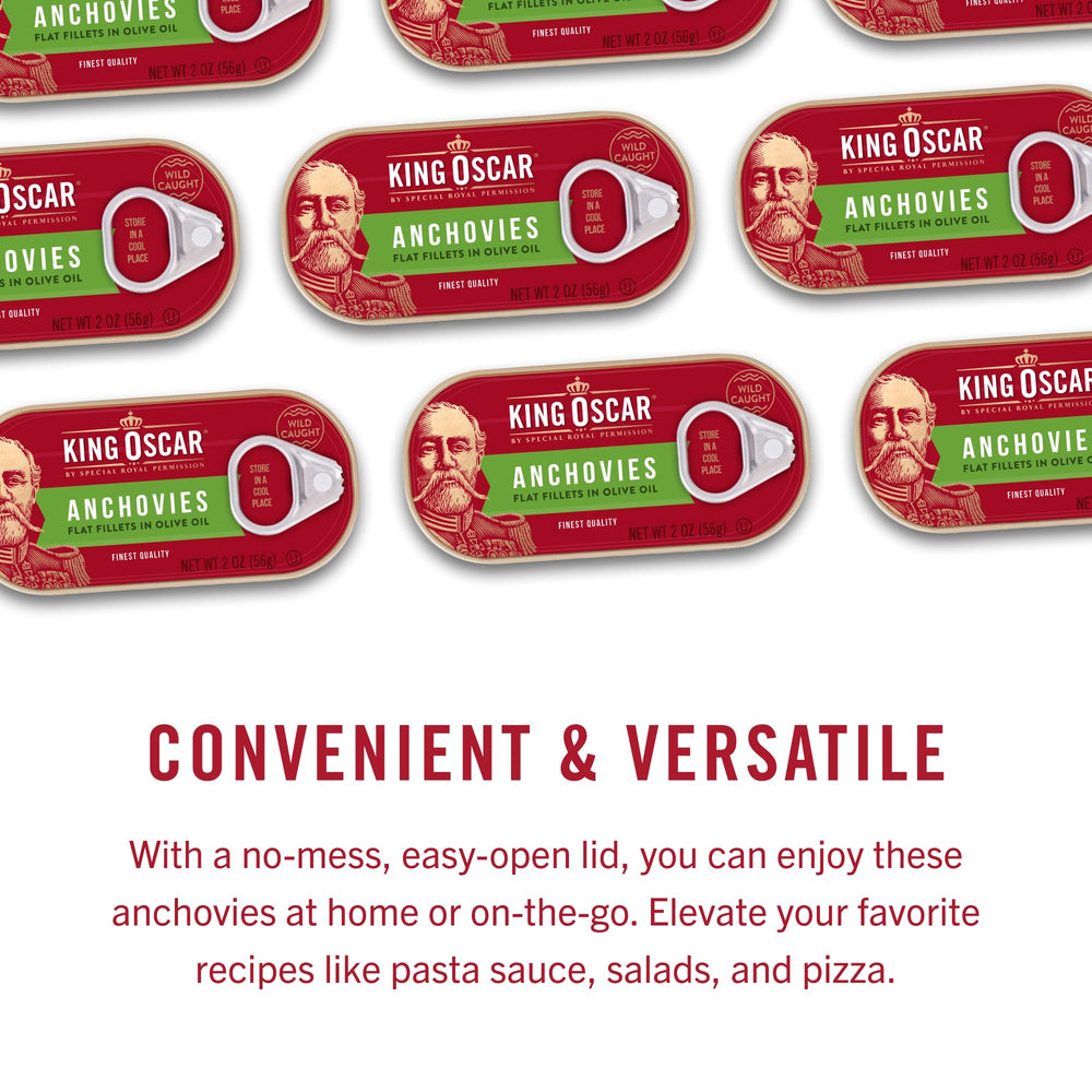 King Oscar anchovies easy-open lid for quick meals.