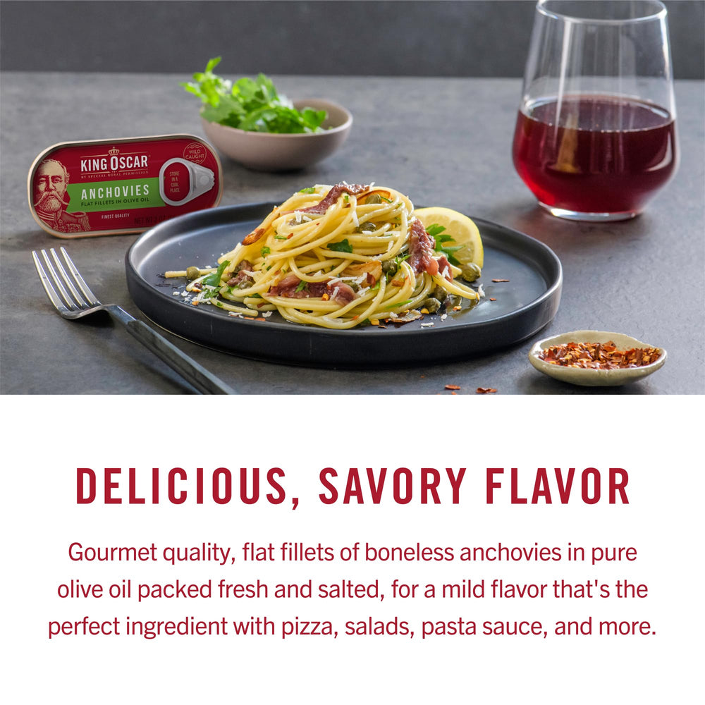 King Oscar anchovies in olive oil on pizza topping for flavor.