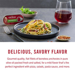 King Oscar anchovies in olive oil on pizza topping for flavor.