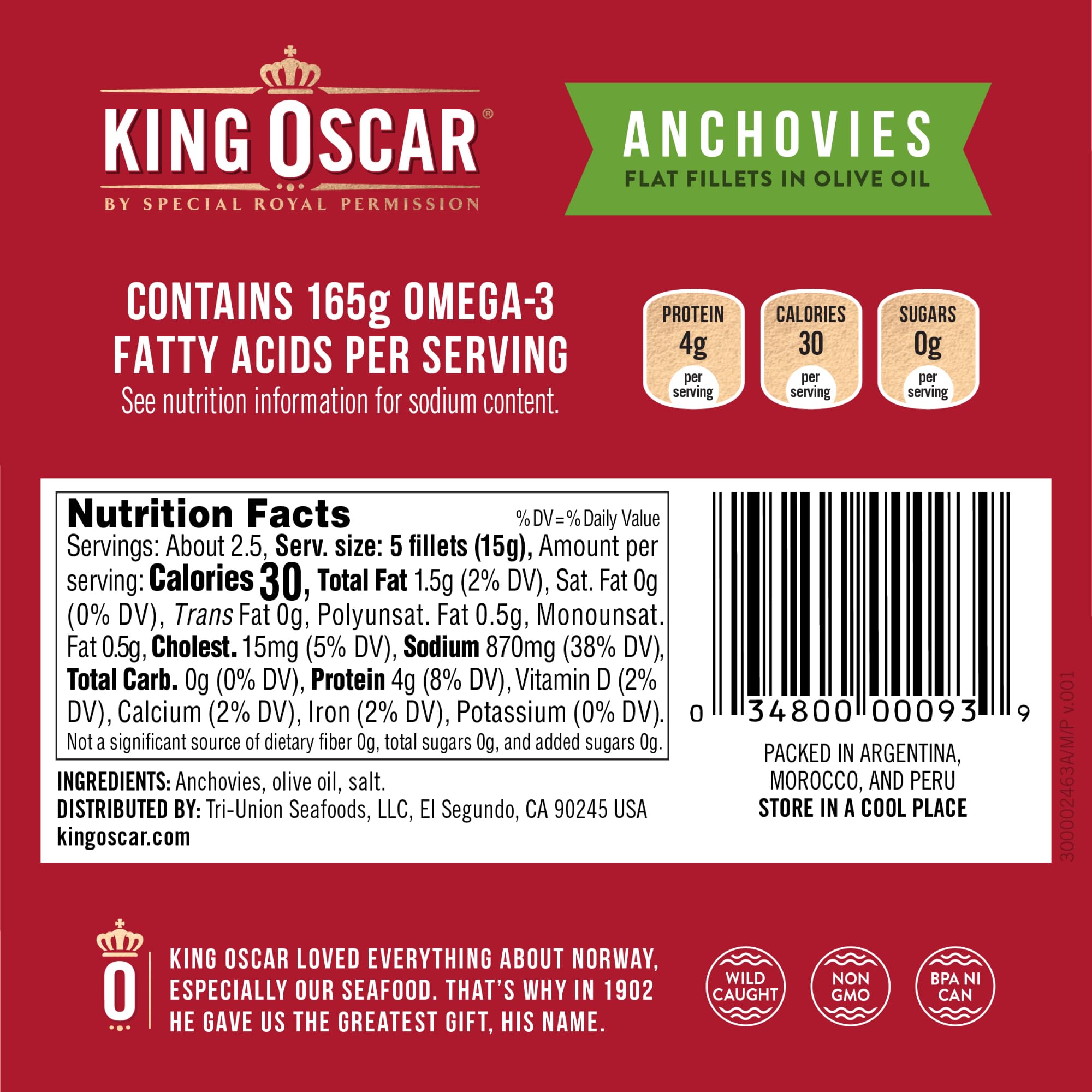 King Oscar anchovies in olive oil sealed tin label showing ingredients.