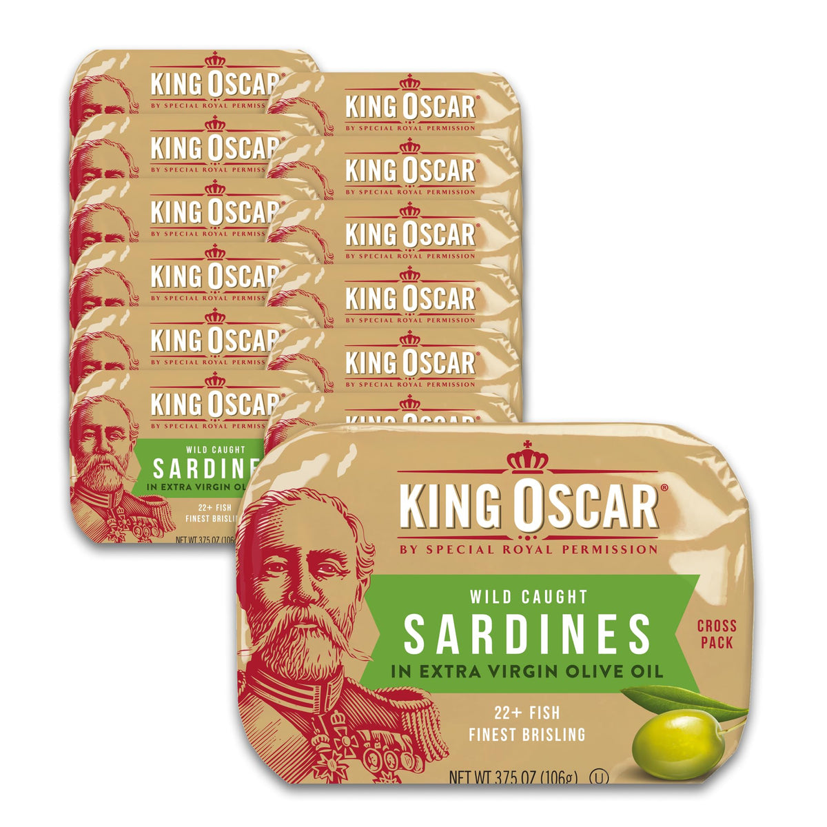 King Oscar brisling sardines in EVOO cross-pack can, premium ready-to-eat protein.