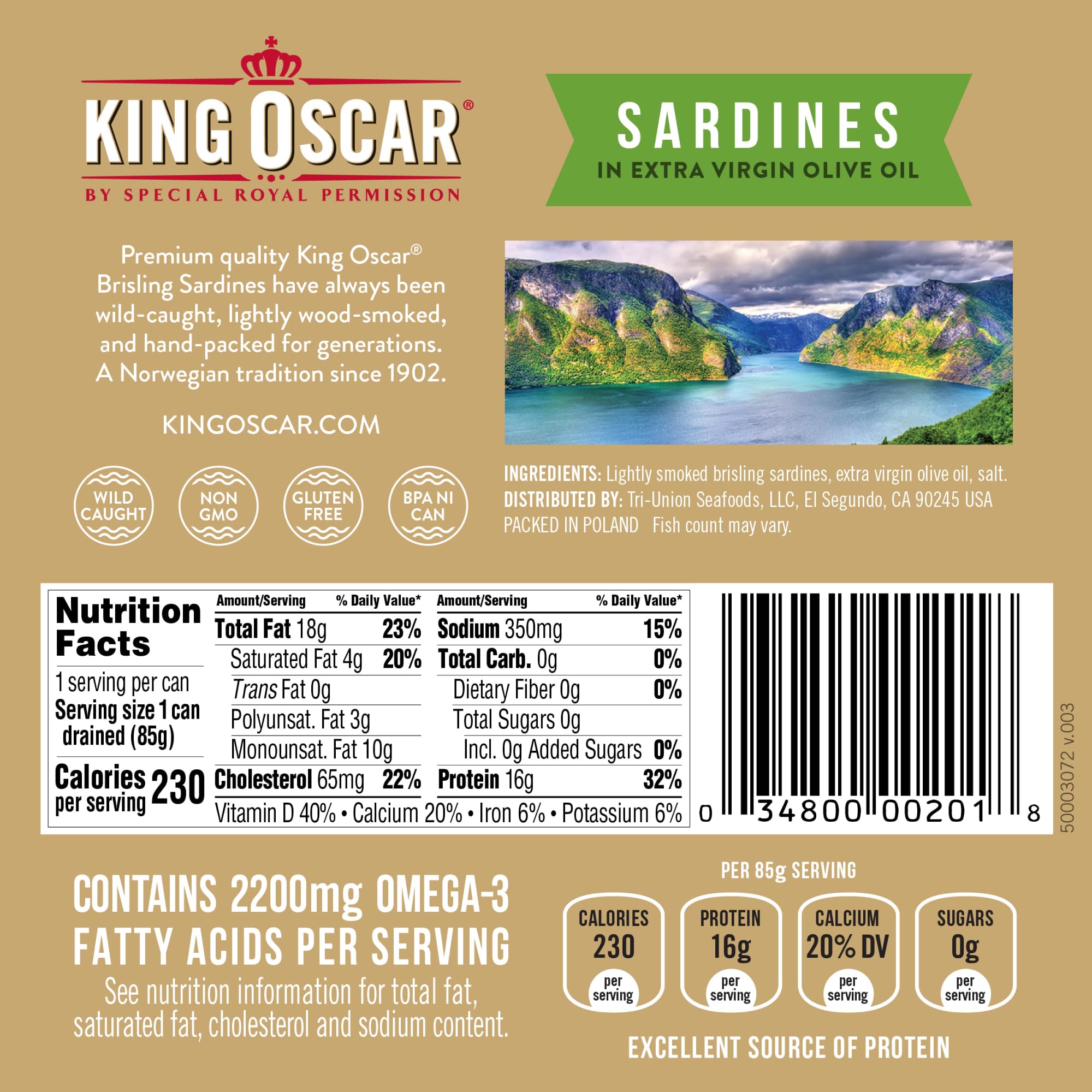 King Oscar brisling sardines hand-packed for consistent texture in EVOO.