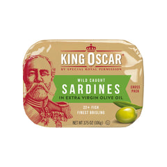 King Oscar brisling sardines in olive oil in glossy can.