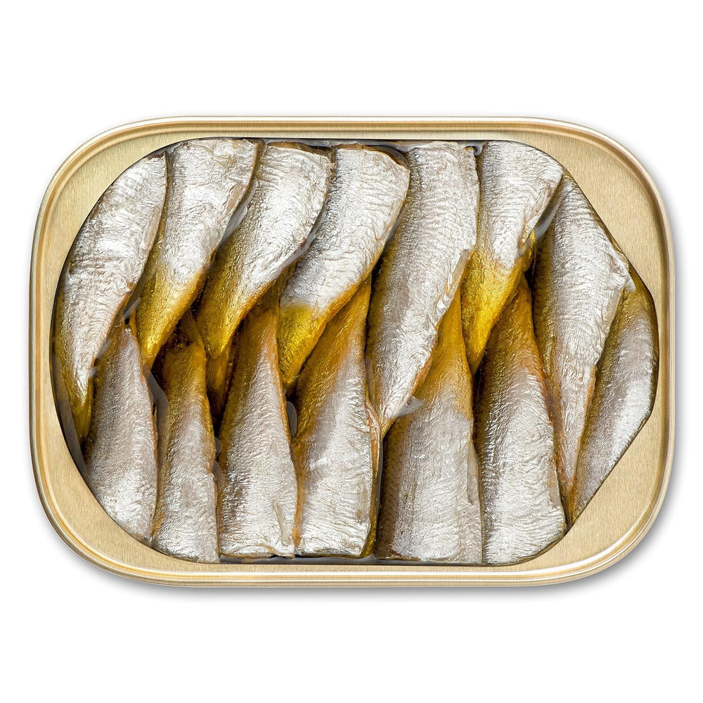 King Oscar oak-smoked brisling sardines in EVOO with mild aroma.