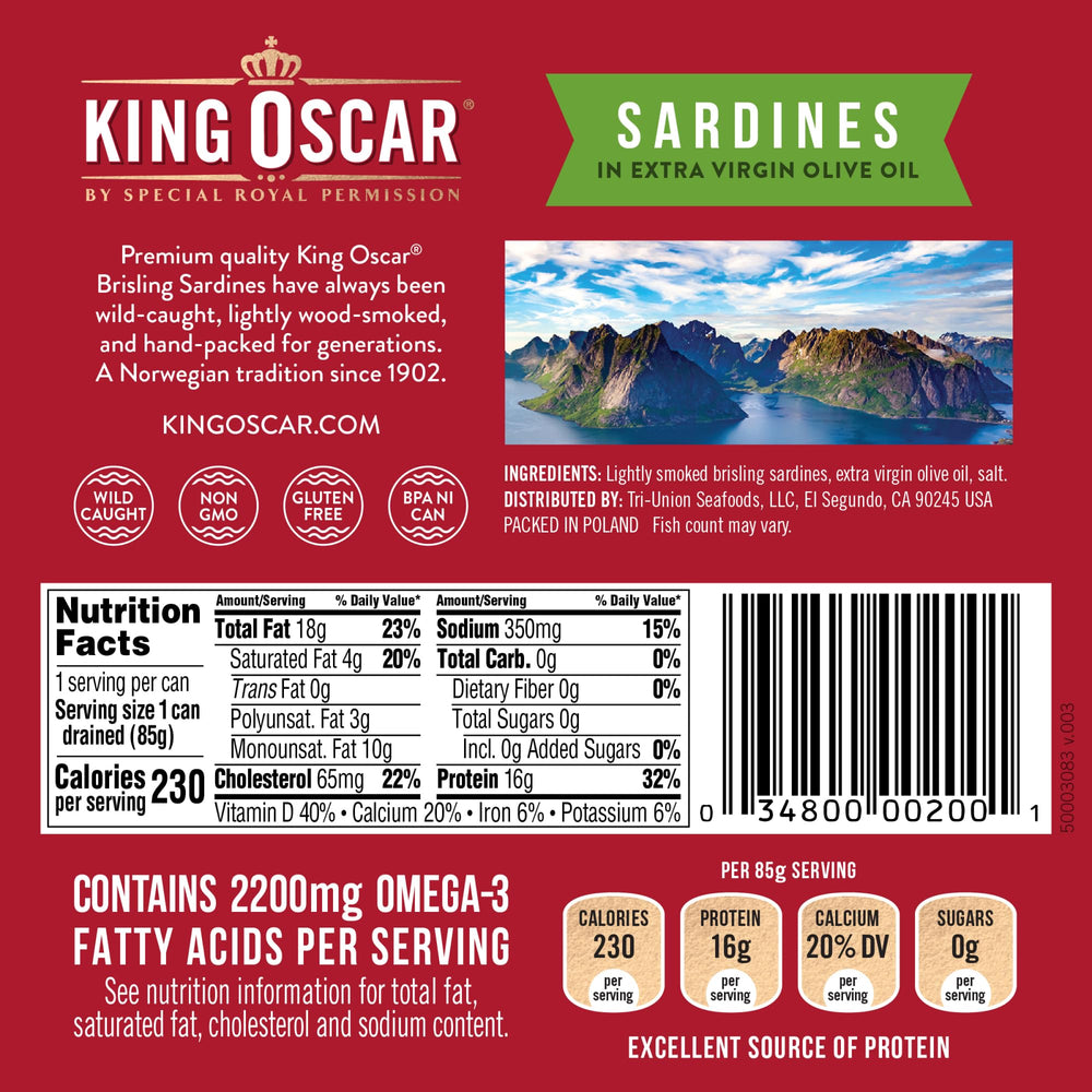 King Oscar brisling sardines in olive oil close-up can, rich texture.