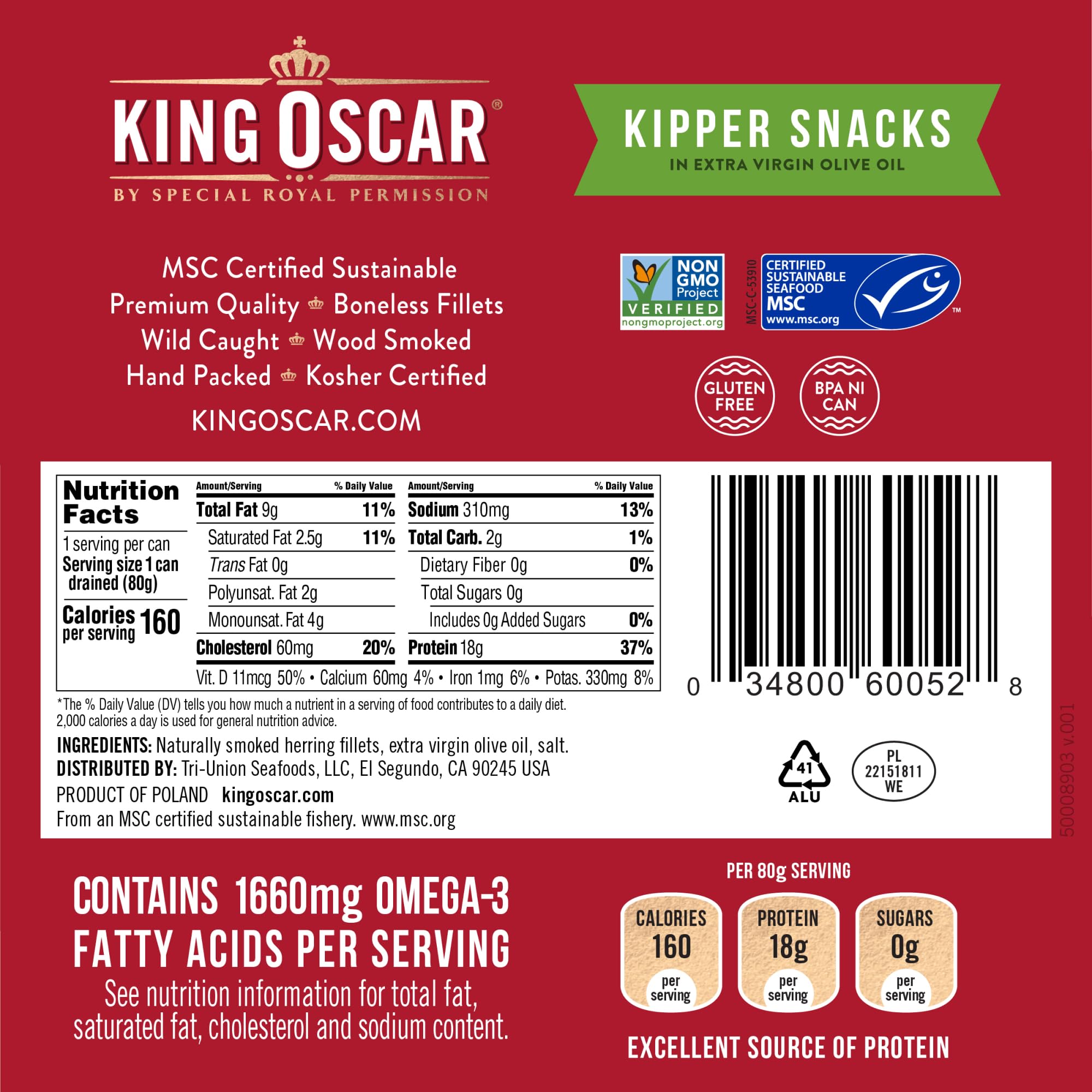 King Oscar kipper fillets in oil, wild caught in the North Atlantic.