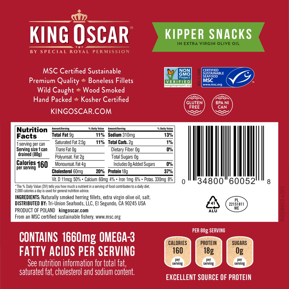 King Oscar kipper fillets in oil, wild caught in the North Atlantic.