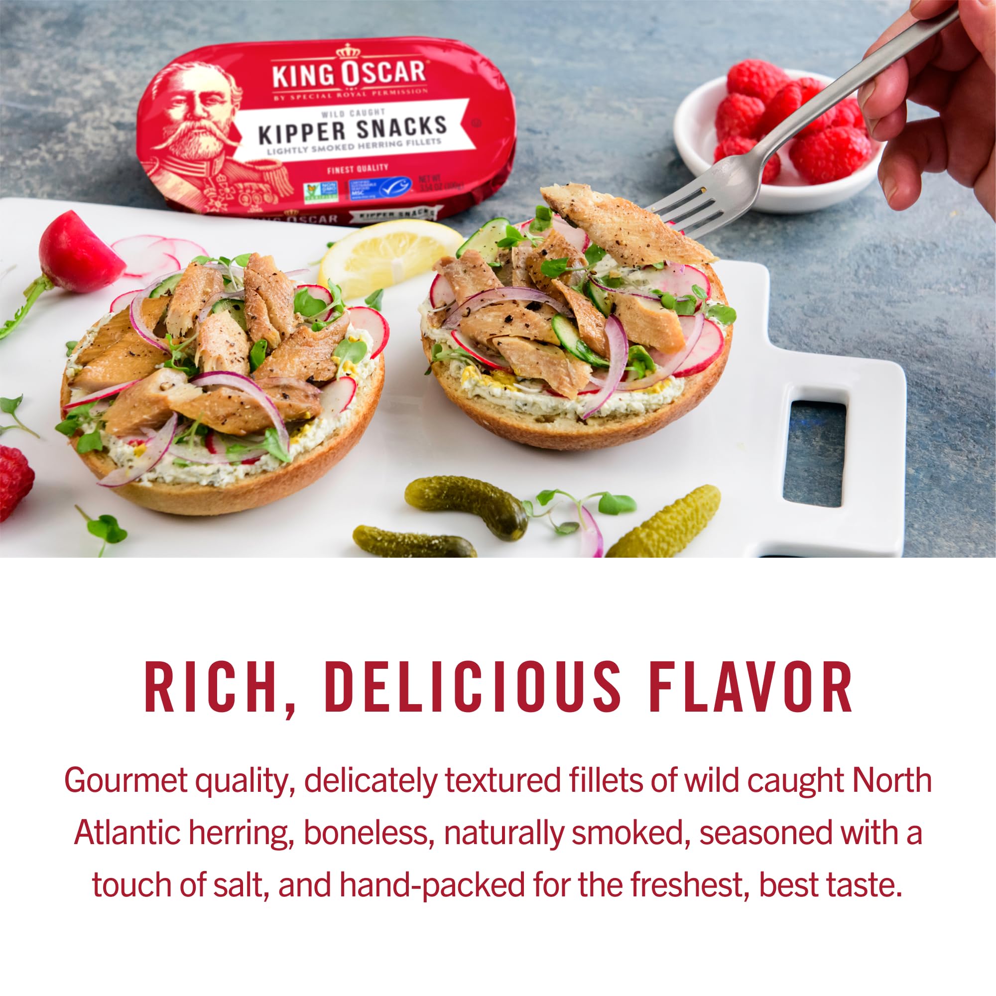 King Oscar kipper snacks sandwich-plate appetizer idea with herring fillets