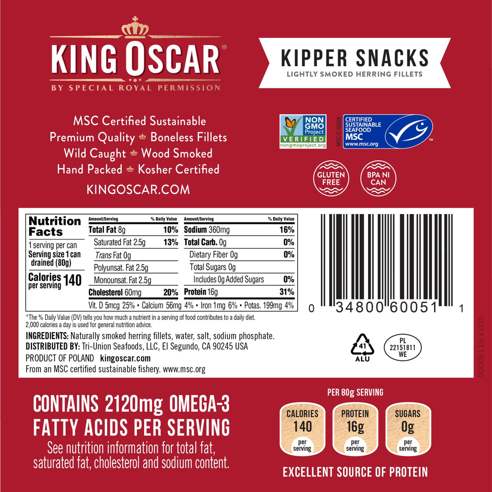 King Oscar kipper snacks wild-caught North Atlantic herring for a flavorful bite