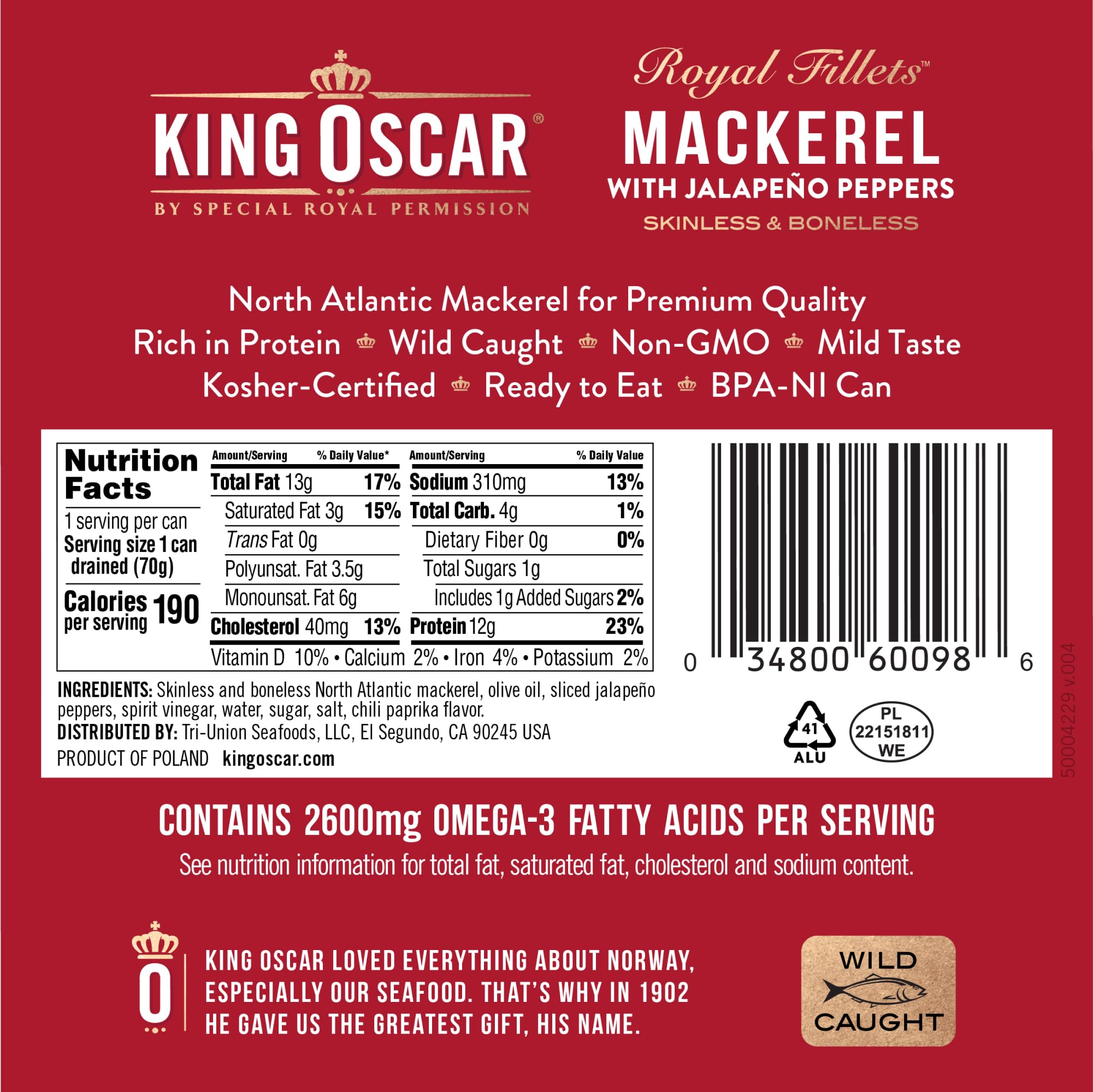 King Oscar mackerel in olive oil can, easy-open design for on-the-go snacking