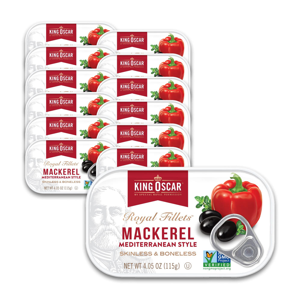 King Oscar mackerel in olive oil can with olives and peppers, premium flavor