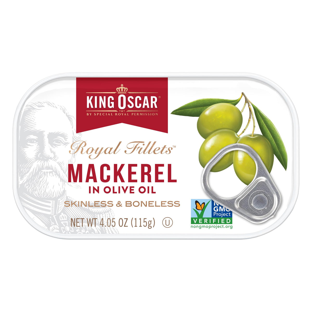 King Oscar mackerel in olive oil can, convenient protein for quick meals.