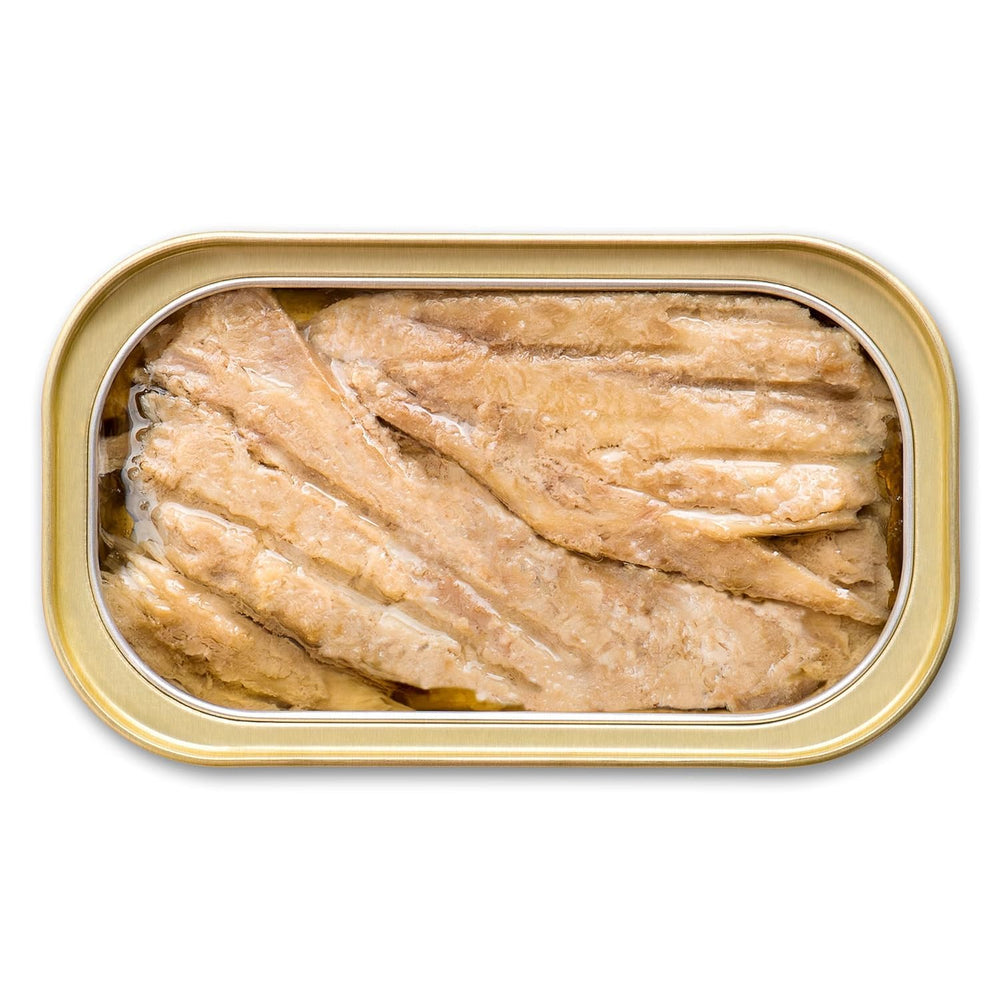 Closeup of King Oscar fillets in olive oil, skinless and boneless texture.