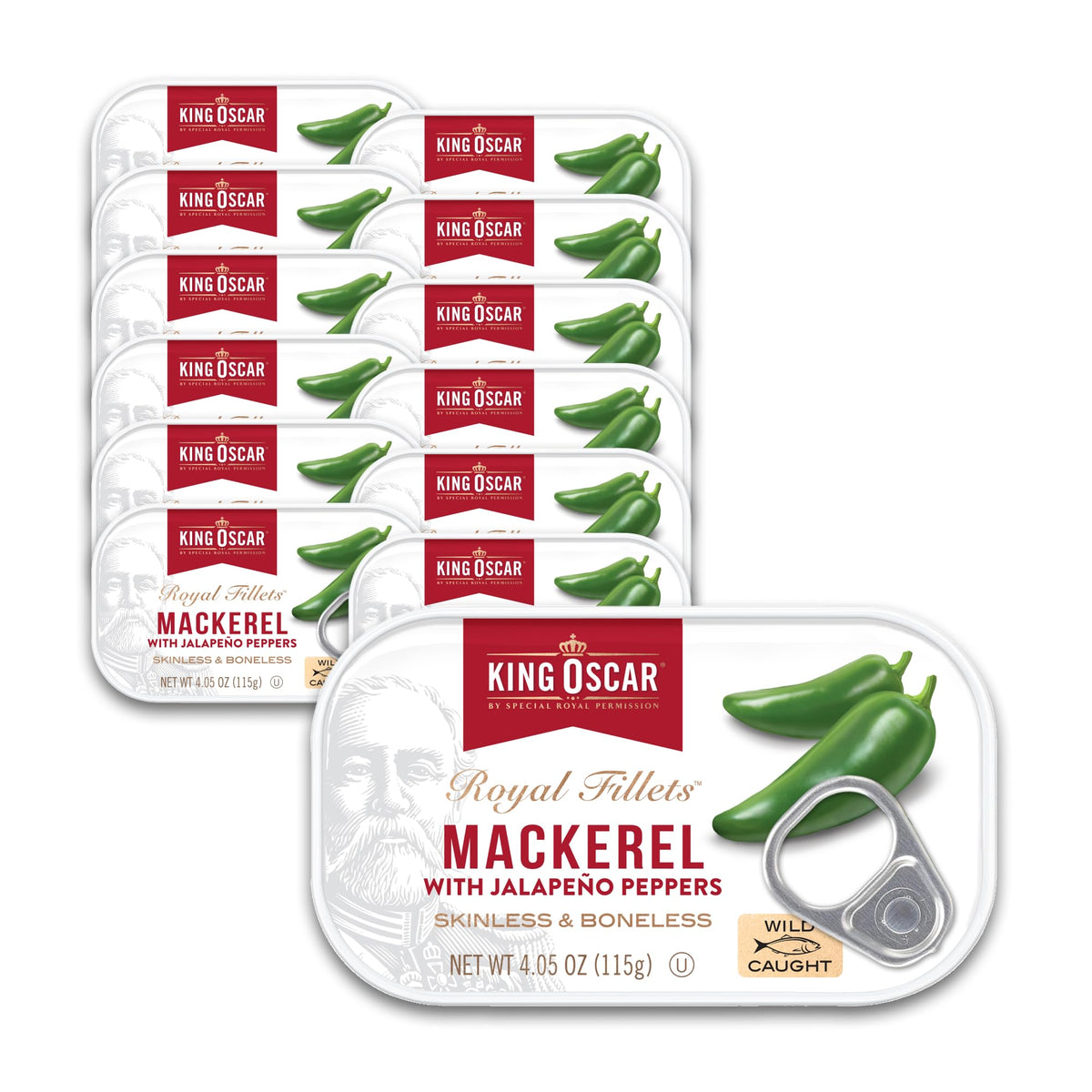 King Oscar mackerel in olive oil with jalapeño close-up, bold protein for quick meals
