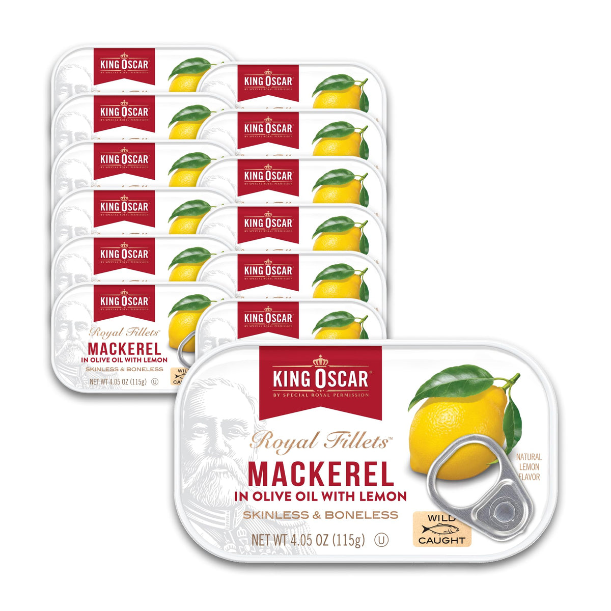 King Oscar mackerel in olive oil with lemon can on a bright kitchen counter, ideal pantry staple.