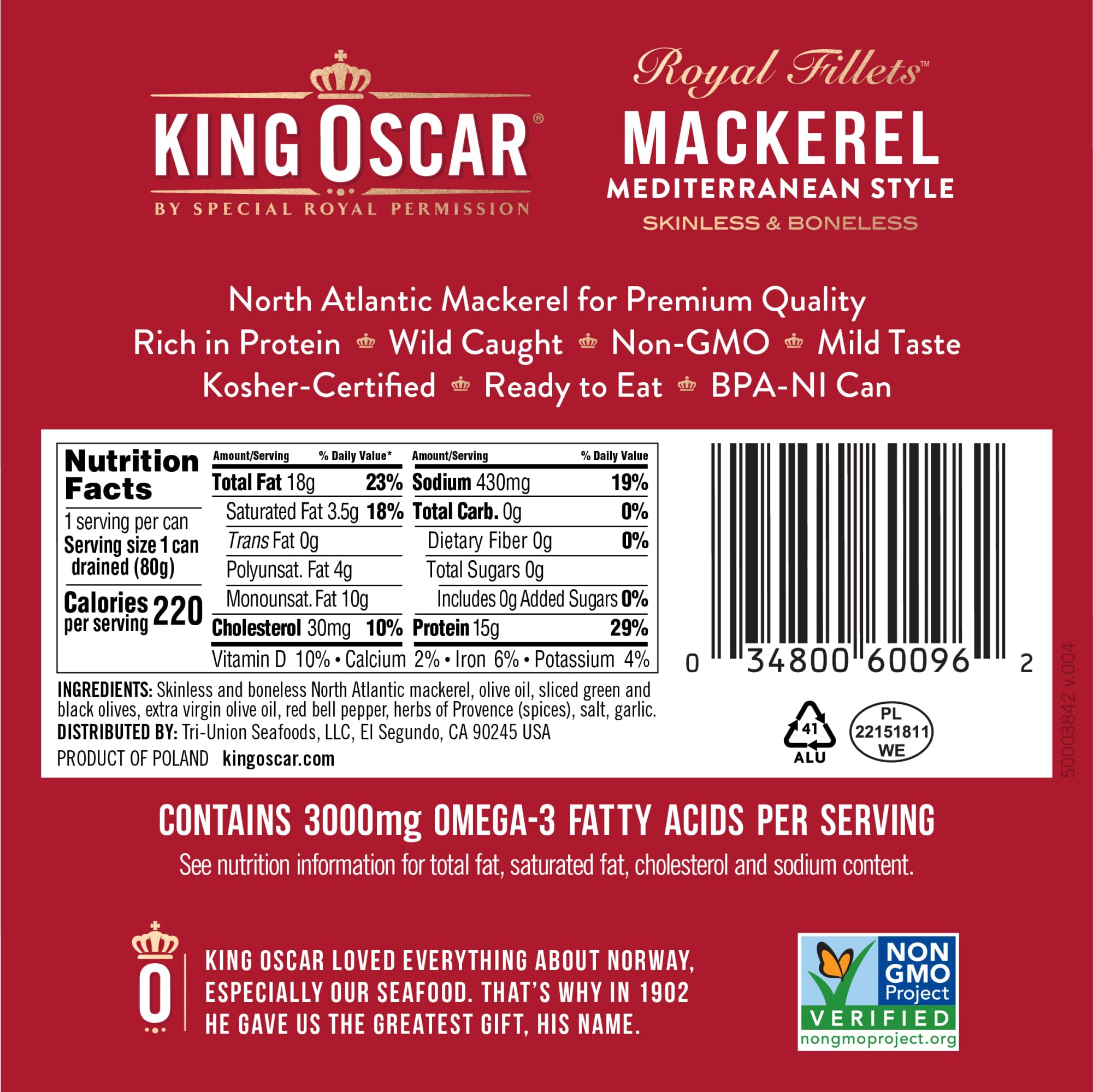 King Oscar mackerel in oil with olives and red pepper for Mediterranean taste