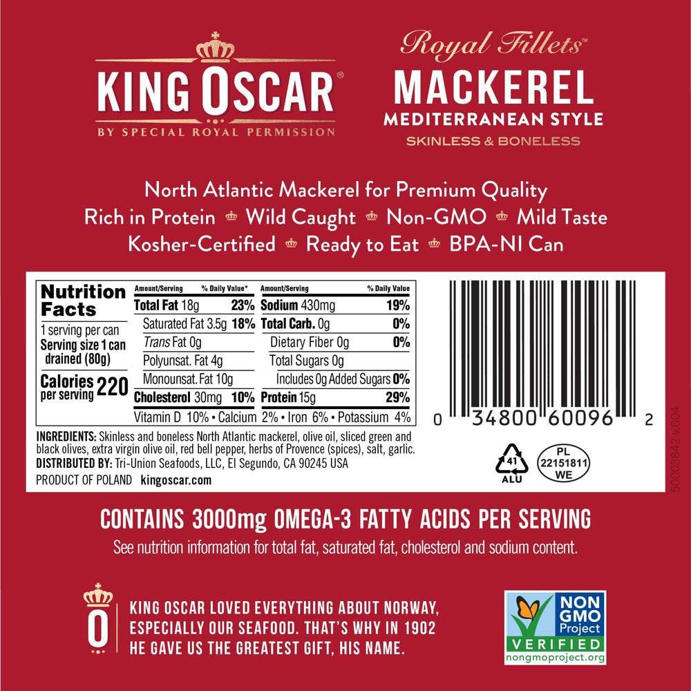 King Oscar mackerel in oil with olives and red pepper for Mediterranean taste