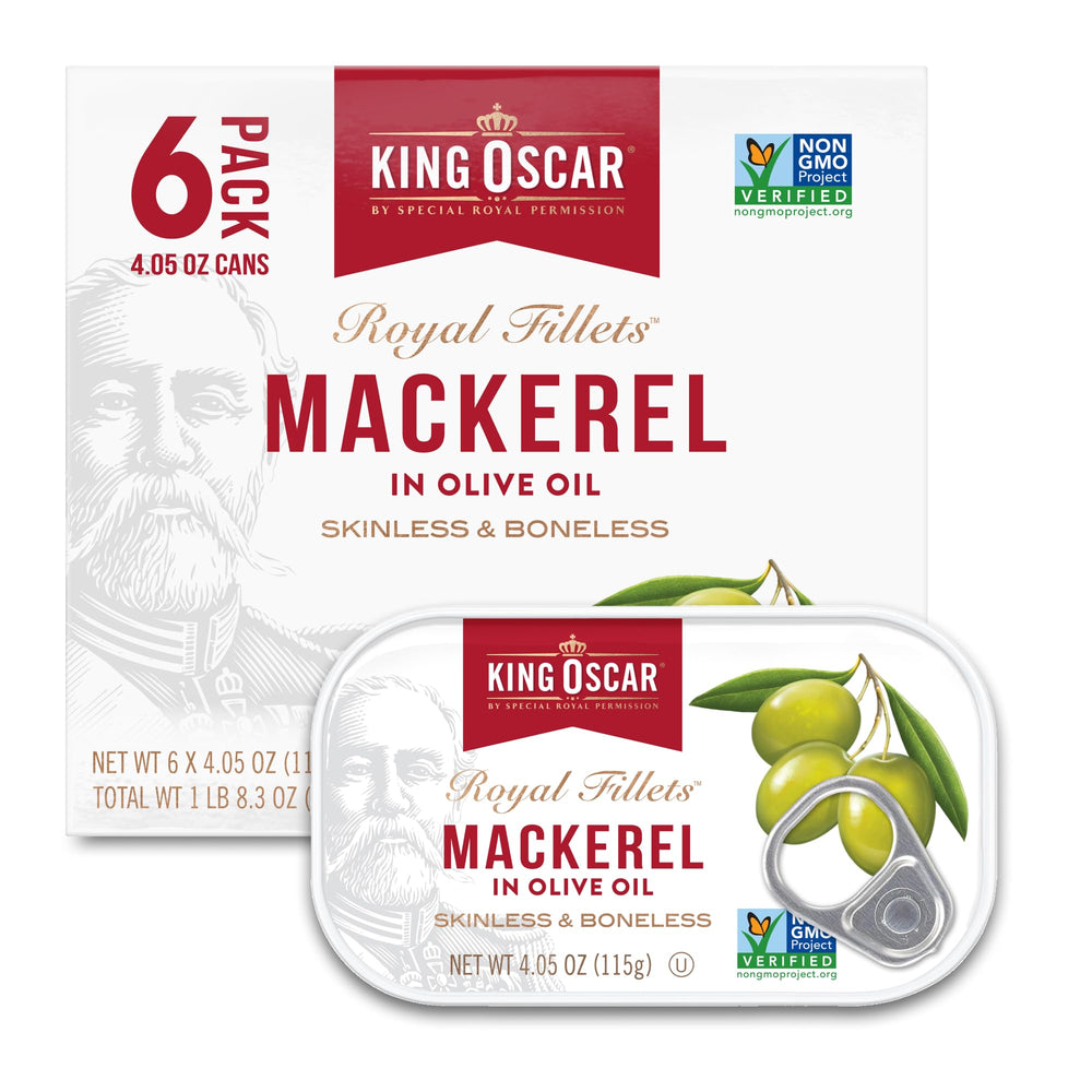 King Oscar mackerel in olive oil, skinless and boneless can front view, premium quality.